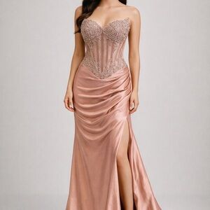 Strapless Rose Gold Corset Prom Dress with Ruched Satin Skirt